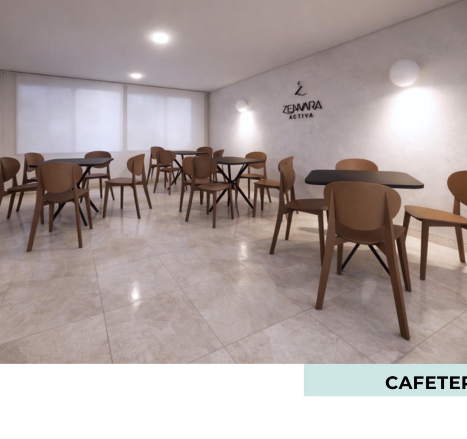Cafetería de Zenvara Activa con mesas y sillas de madera